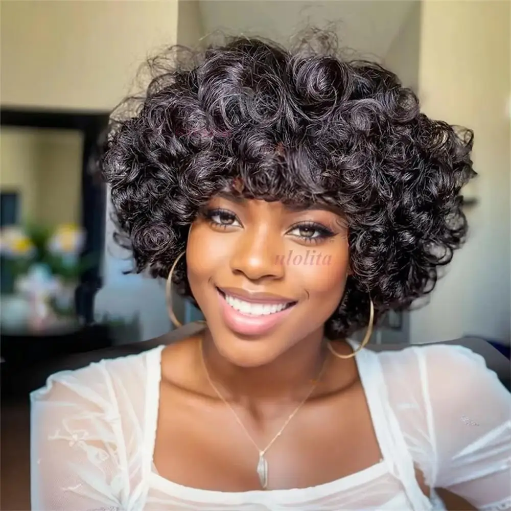 99J Burgunder Fumi Lockige Bob-Perücke, Federnde Pixie-Cut-Perücke mit Highlights, Vollmaschinell Gefertigte Eierlocken, Lockige Echthaar-Perücken für Frauen mit Pony – Detail 17