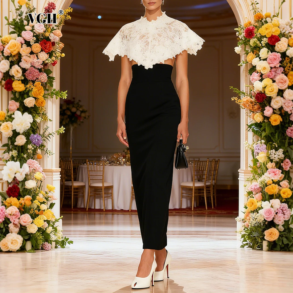 

VGH Hit Color Wedding Ceremony Long Dresses for Women Lace Cape Collar Sleeveless High Waist Slimming Temperament Dress Female