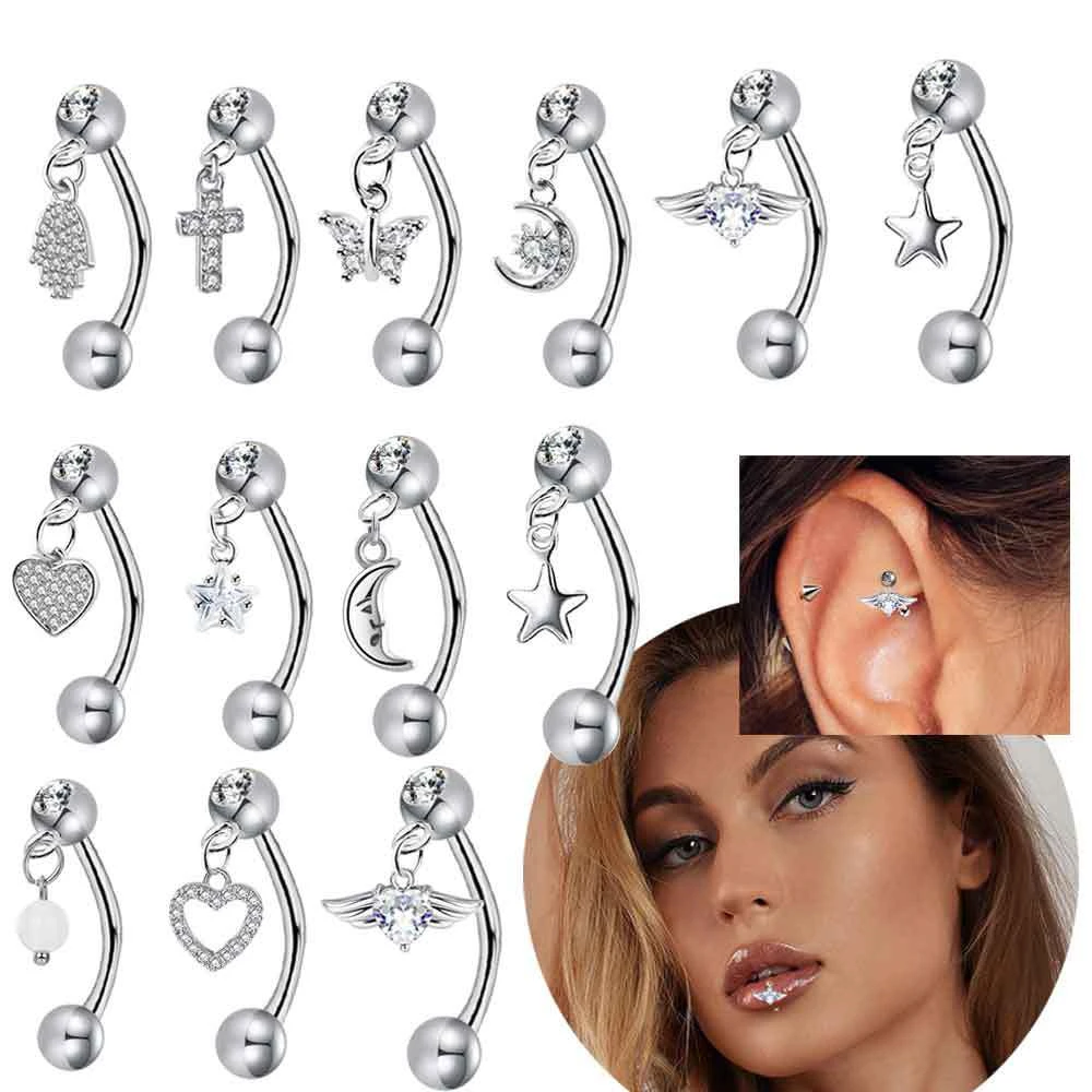 1PCS Butterfly Dangle Eyebrow Piercing Jewelry Star Rook Earring Curved Barbells Moon Eyebrow Ring Tragus Piercing Helix Jewelry