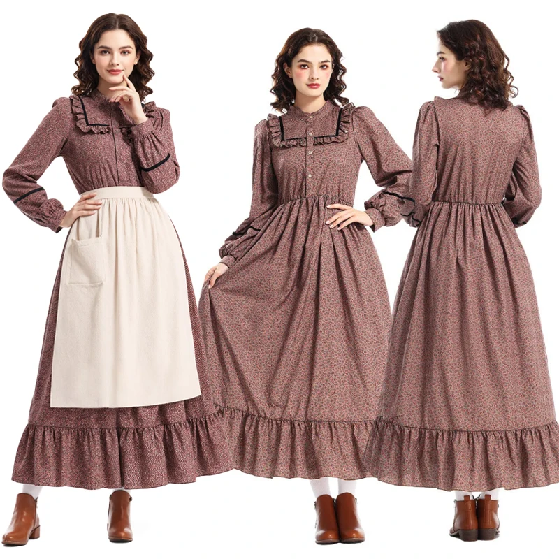 

Brown Vintage Medieval Floral Long Dress Suit Cosplay Costume Theme Party Stage Role Play Performance Outfits for Women Mädchen