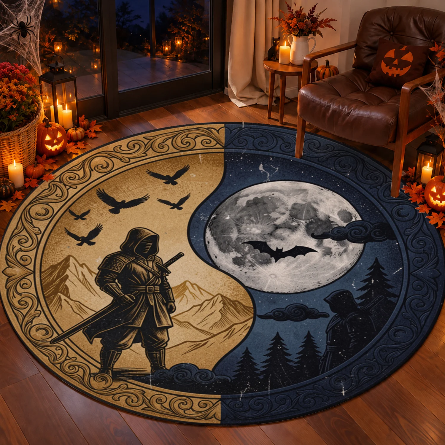Yin Yang Ninja Moon Bat Pattern Round Velvet Rug, Machine Washable Soft Plush Decorative Floor Mat for Living Room, Bedroom, Entryway, Dining Room, Ideal for Halloween, Thanksgiving, Christmas, New Year, Black Friday, Cyber Monday