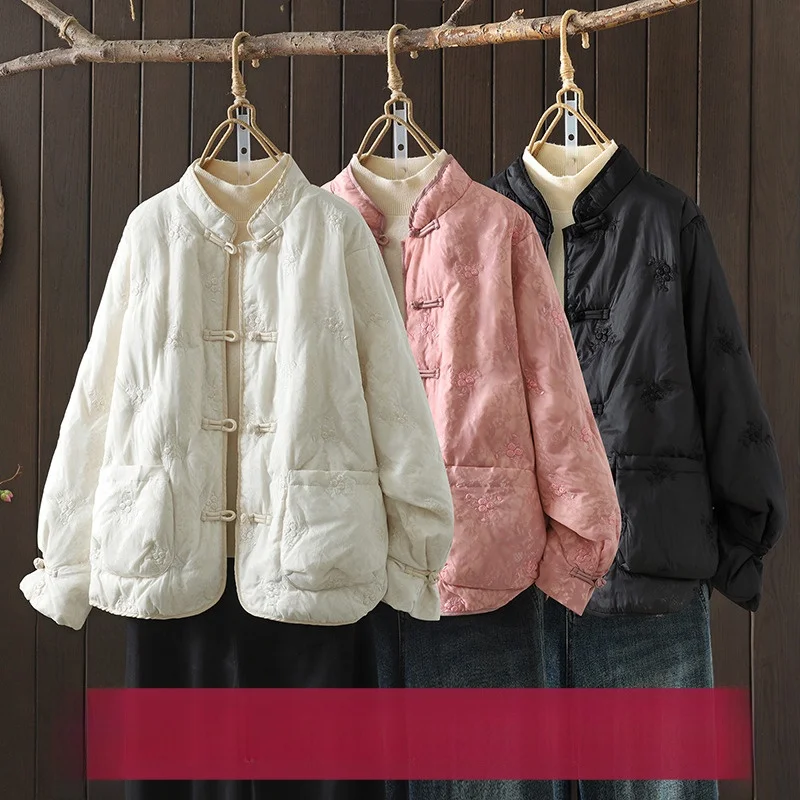 

Новое китайское зимнее женское свободное повседневное хлопковое пальто с воротником и вышивкой в стиле ретро, художественная верхняя одежда Eth, хлопковое пальто