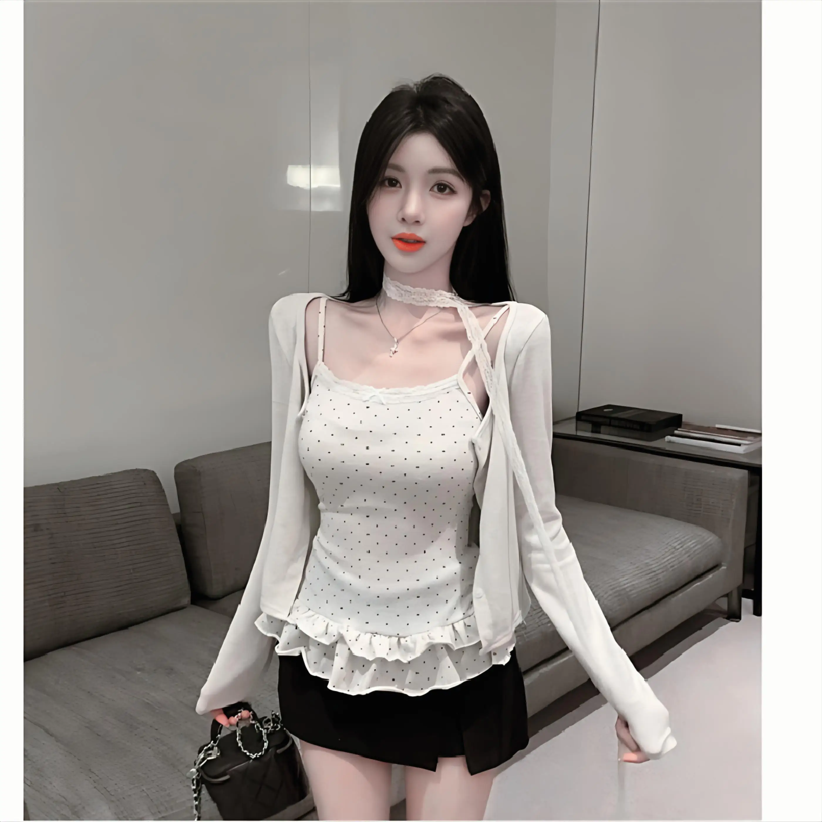 تي شيرت بأكمام طويلة على الطراز الأمريكي للسيدات للخريف بأزرار وطية صدر السترة وجيب مرقع كل مباراة منقوشة طيات عادية مطوي #5