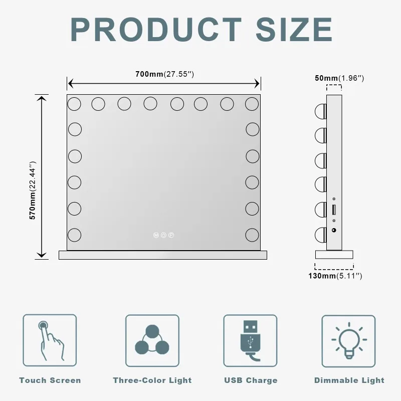 Hollywood Vanity Makeup Mirror 31.49''×22.83'' USB Port With Lights 18 LED Bulbs Wall Mount 3 Color Smart Control