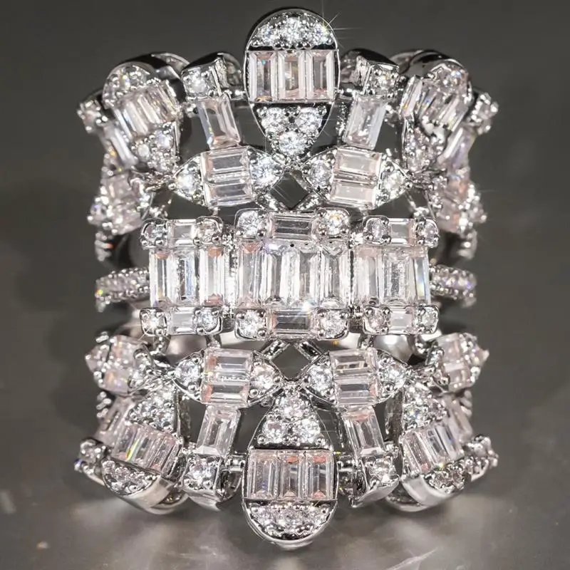 Huitan Symmetrisches Design Damen Silberfarbener Ring Hochzeit Party Eingelegte Glänzende Geometrische Zirkonia Mode-Accessoires Statement-Schmuck – Detail 5