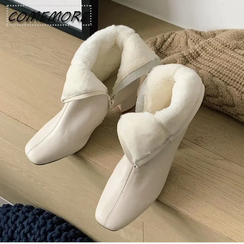 Winter Warm Plush Women Ankle Boots Fashion Zippers Elegant Thick High Heel Shoes Street Style Keep Warm Ladies Short Boot Beige