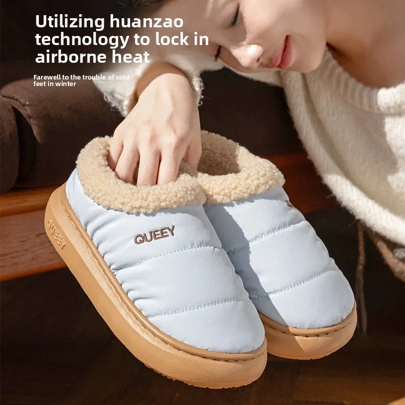 Women Men Winter Closed Back Slippers Water Repellent Plush Lined Thick EVA Sole Non Slip Warm Indoor Outdoor Couple Home Shoes