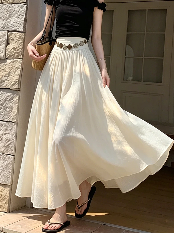 

Summer New Style Women's Midi Skirt Wide Hemline Loose Fit Linen Gored Skirt Casual High Waist Polyester Fiber No Brand