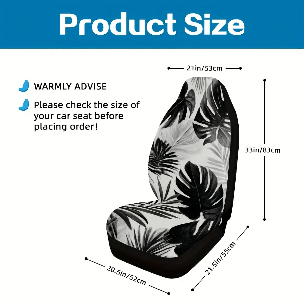 Set Of 2, Stylish Monochrome Tropical Leaf Design Car Seat Covers, Compatible With Most Vehicles, Unique Decorative Front Set Of