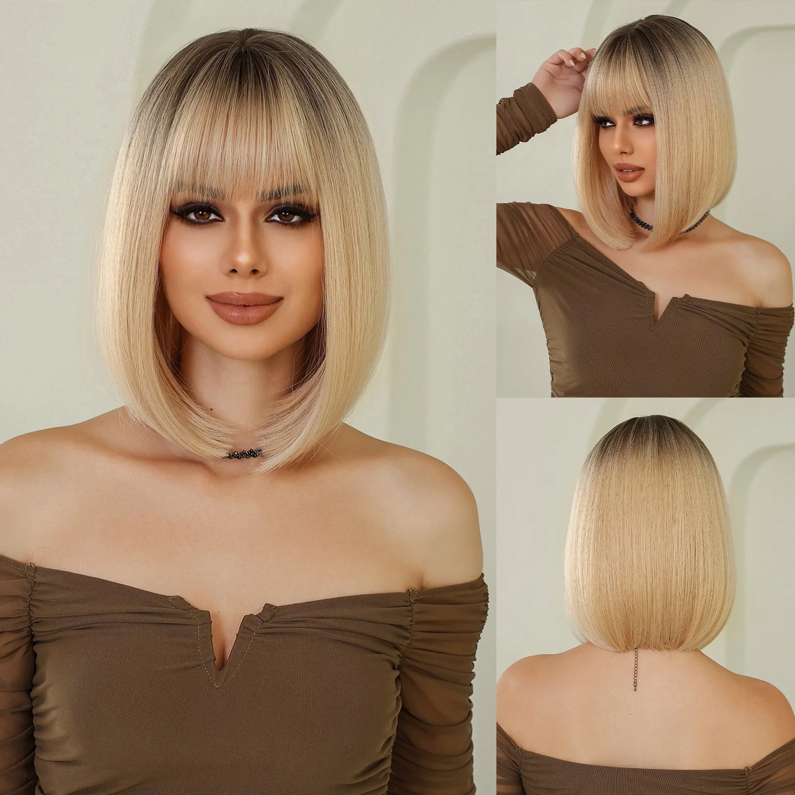 Blond Ombre krótkie proste peruki Bob dla kobiet peruka z włosów syntetycznych z grzywką peruki na imprezę Cosplay włókno wysokotemperaturowe