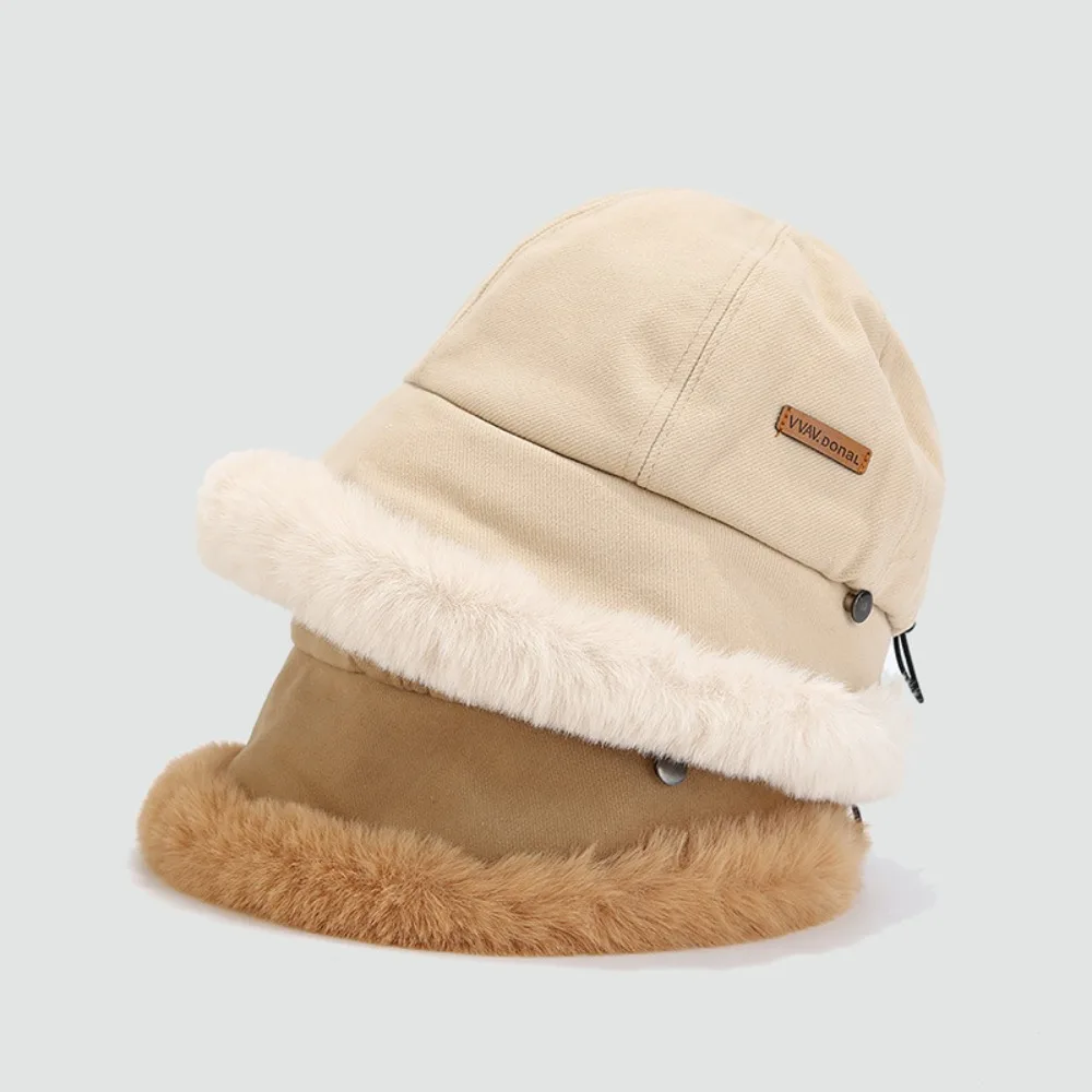 Kawaii Windproof Plus Velvet Panama Hat Warm Soft Fluffy Fur Bucket Hat Wide Brim Plush Winter Fisherman Hat Streetwear