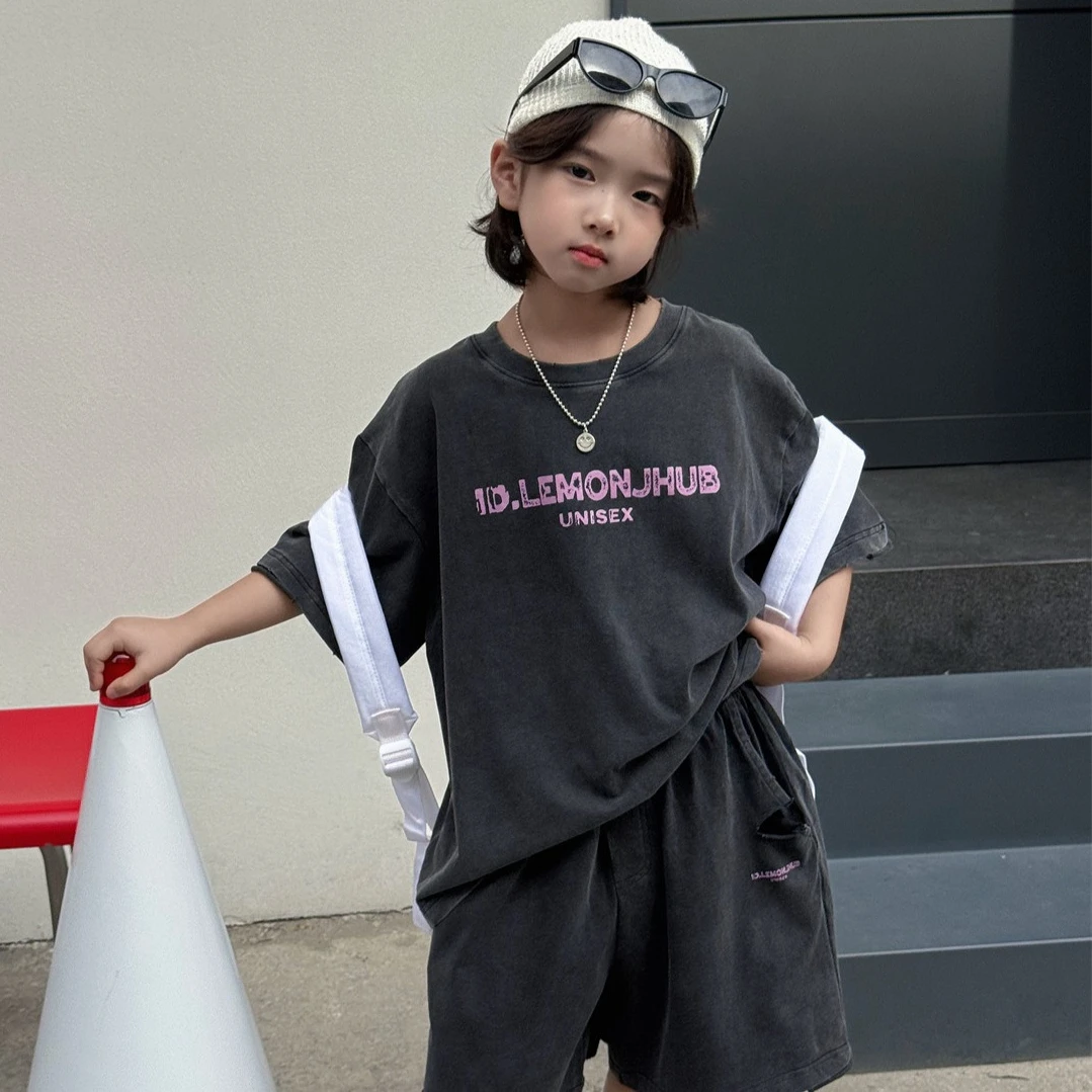 Set 2026 Spring and Summer New Childrens Clothing Korean Boys and Girls Foreign Style Do Old Letter Print Leisure Two-piece Set