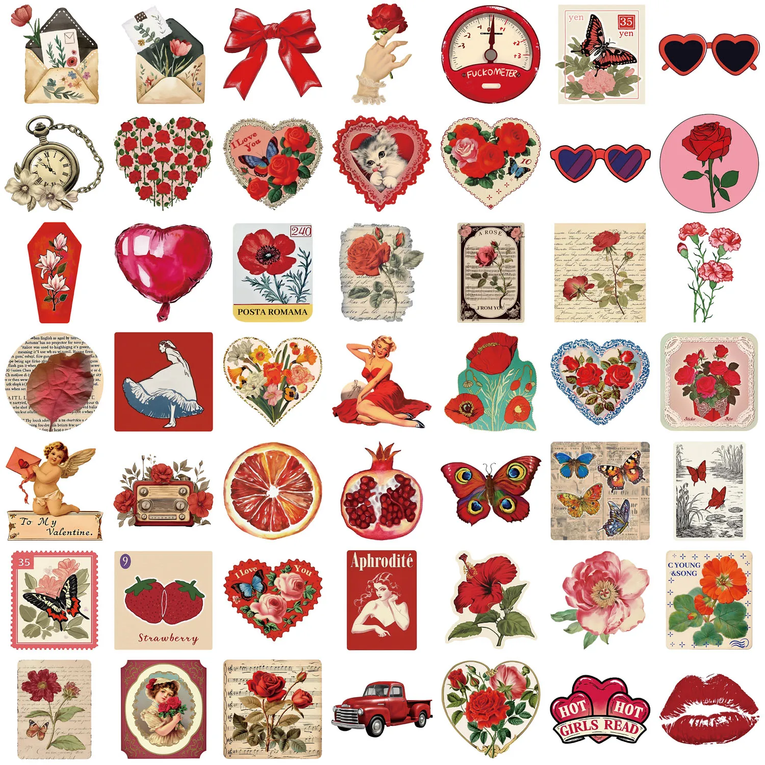 50 STKS Esthetische Rode Stickers Mode DIY Bloem Rose Stickers Scrapbooking Telefoon Bagage Skateboard Waterdichte Decals