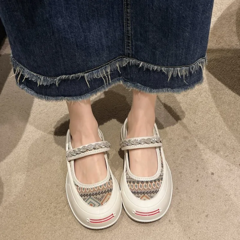 Rhinestone Chain Canvas Mary Jane Shoes Round Toe Casual Thick-Soled Sneakers Women\'s Shoes Summer Casual Platform Flat Shoes