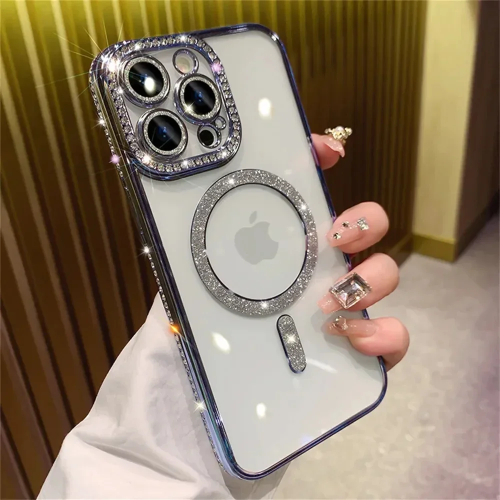 New Fashion Glitter Diamond Transparent Case For iPhone 16 15 14 13 11 12 Pro Max 16 Plus Magnetic Wireless Charge Bumper Cover