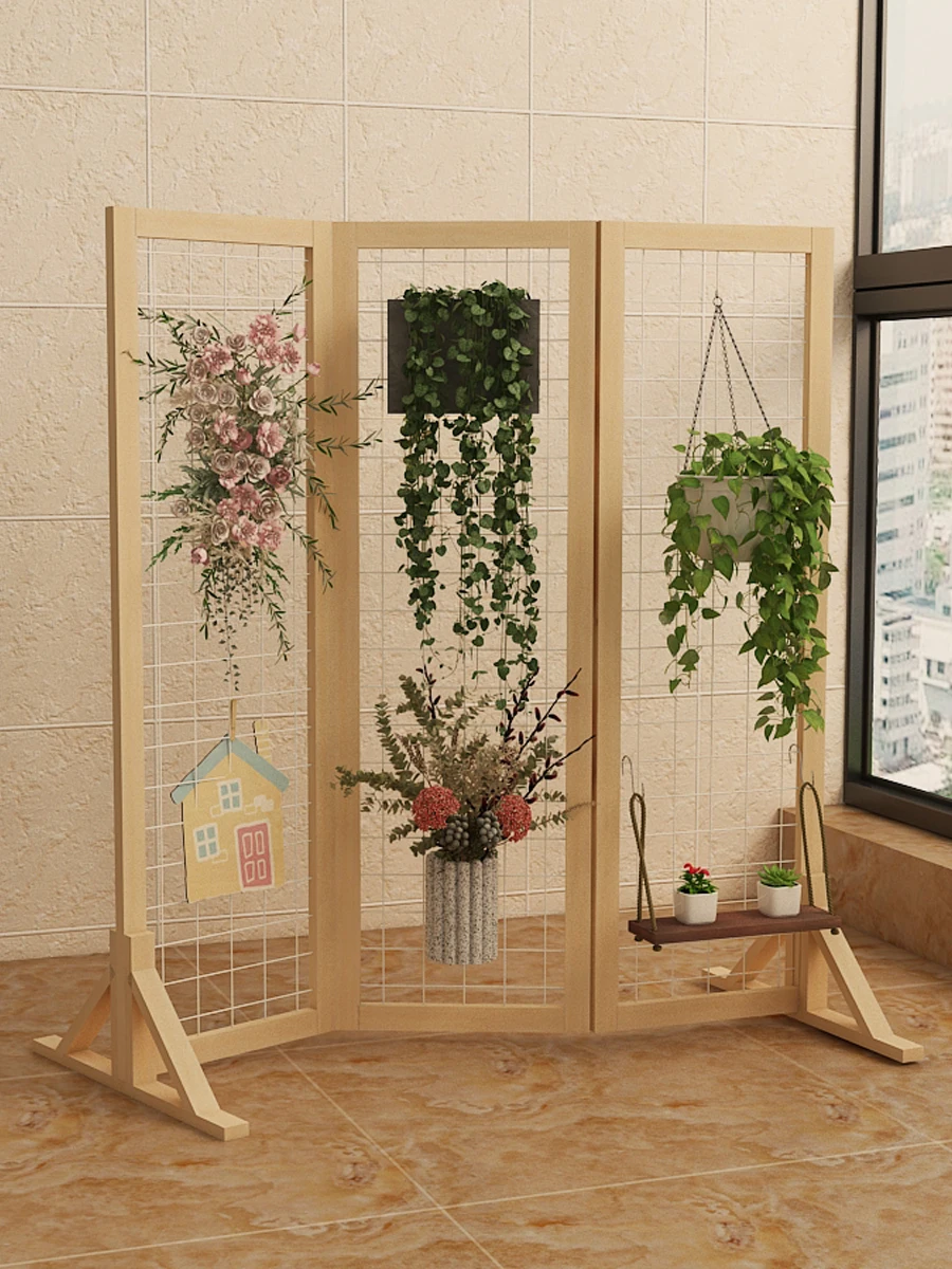 Floor standing screen, grid flower rack, iron solid wood balcony,outdoor courtyard, hanging basket, green Luo plant storage rack