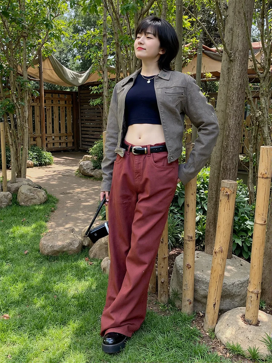 Boden, weites Bein, rot, lockere Jeans für Damen, braun, Kaffeefarbe, Passform, lässig, hohe Taille, modische Damenhose, Streetwear, bequem
