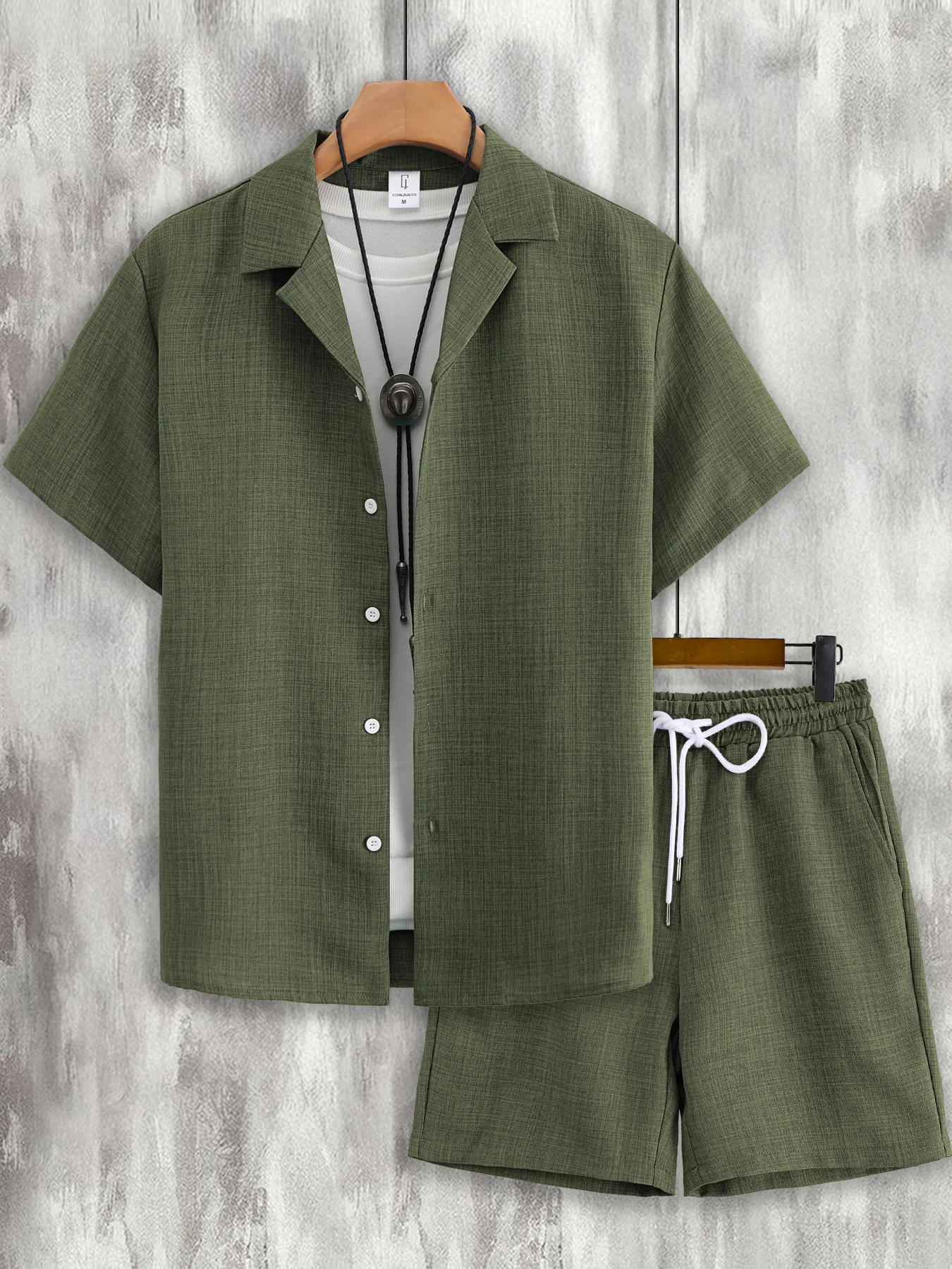 Leinenähnliches Texturiertes Kubanisches Kragenhemd und Shorts Set Herren Sommer Locker Sitzend Smart Casual 2-teilig