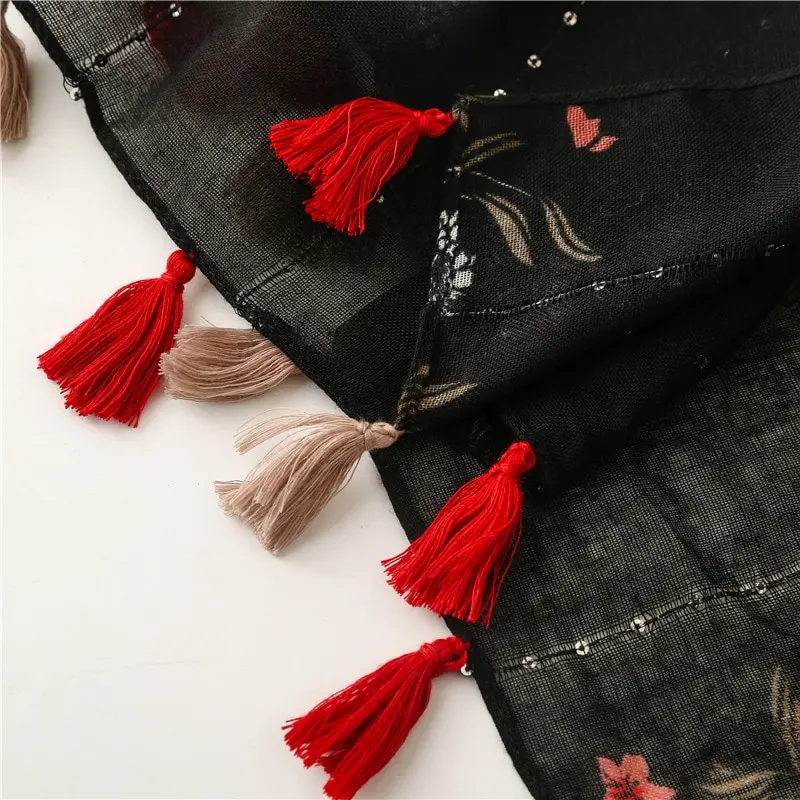 Black Tassel Shawl Printed Floral Viscose Cotton Scarf For Women Summer Muslim Hijab Lightweight Sun Protection Cape 180*90cm