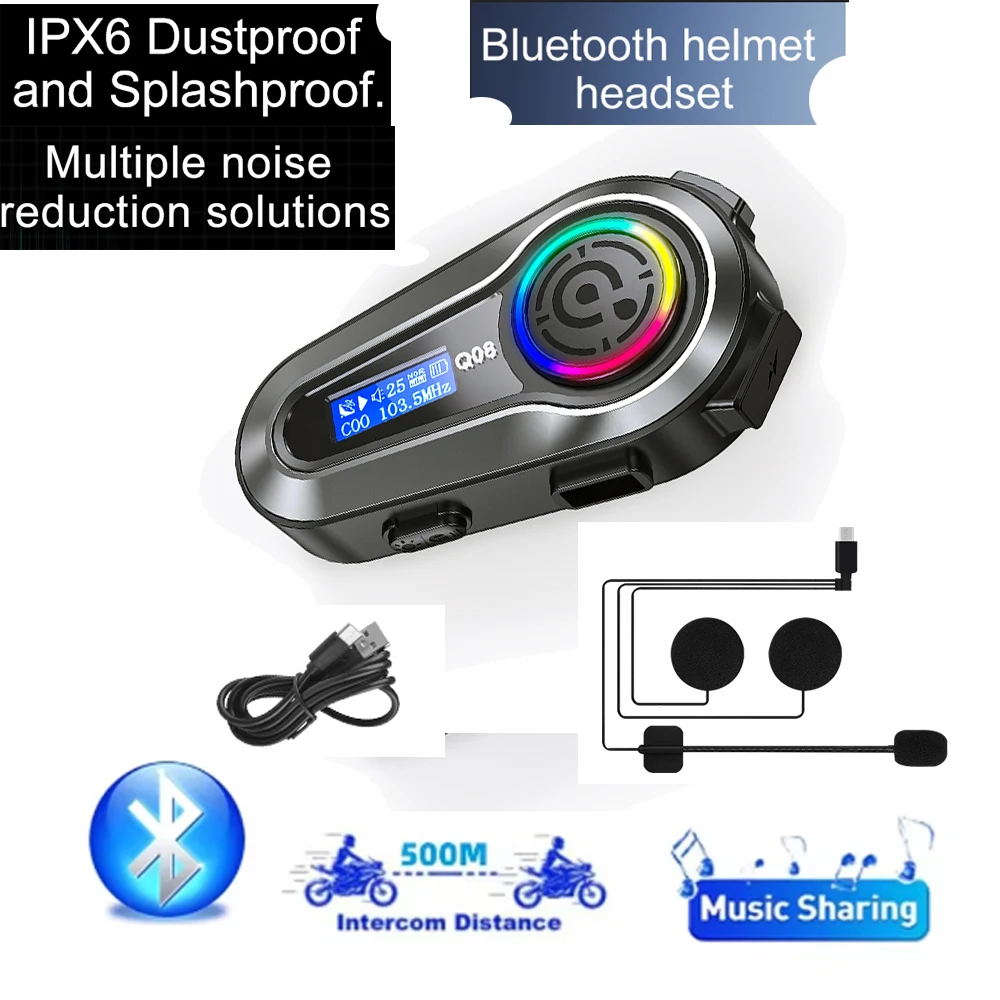 

1pc Q08-Max Motorcycle Helmet Intercom Bluetooth Headset LCD Display 2 Riders Music Share with Flashlight 500M Interphone