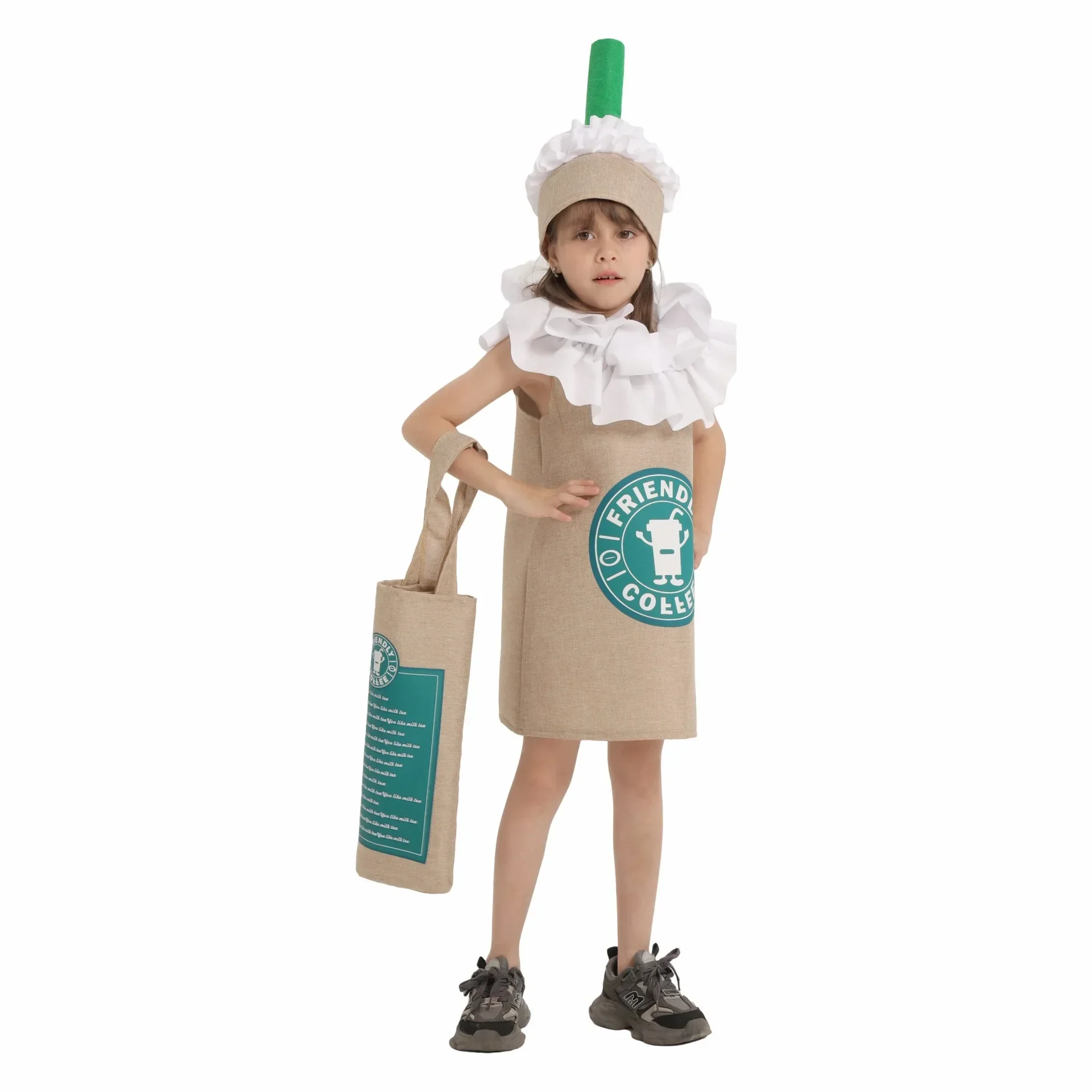 أزياء الهالوين لعام 2025 de nourriture pour enfants، Tenues pour enfants، boissons de coco vert، Thi au lait، scène، vêtements de