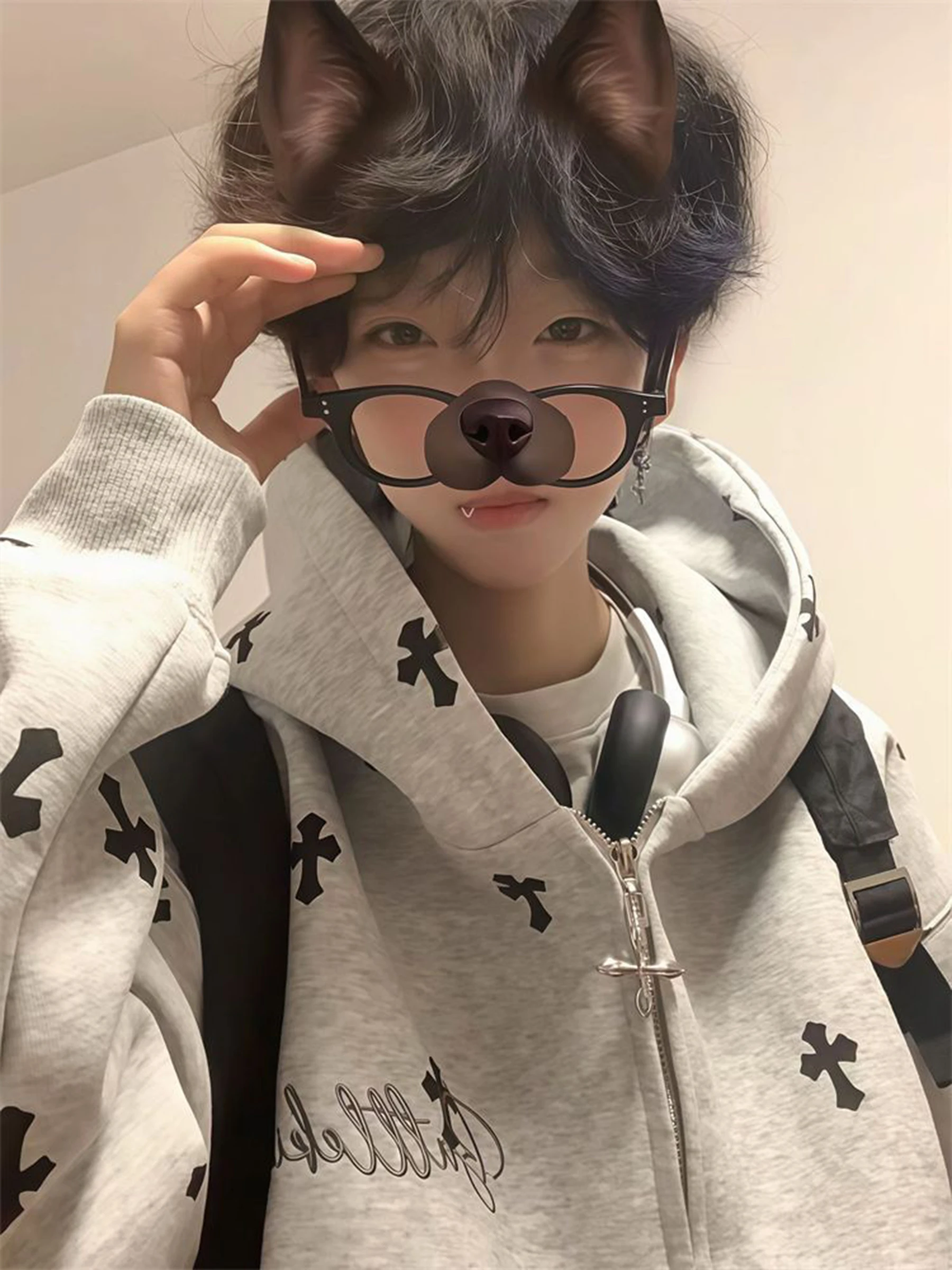 2025 New Fashion Trend Cardigan Gray Cross Print Hooded Sweatshirt Autumn Winter Loose Youth Couple Jacket Men