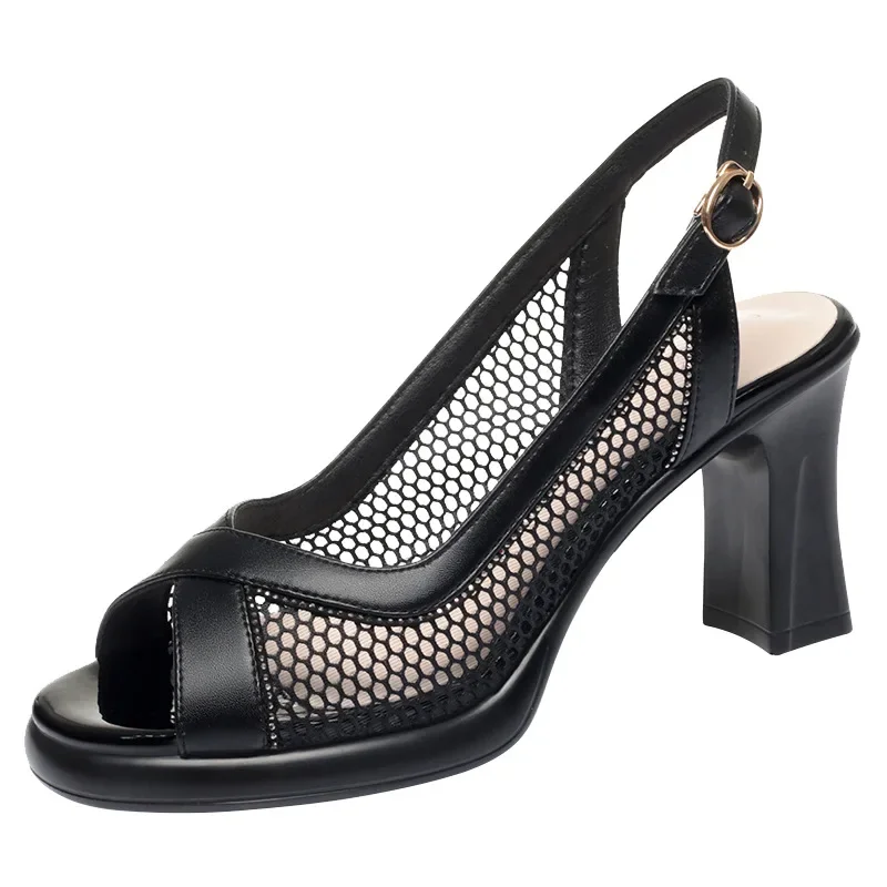8cm Elegant Cutout Slingback Block High Heels Sandals 2024 Summer Women's Soft Leather Shoes Platform Sandals for Office Mom image 5