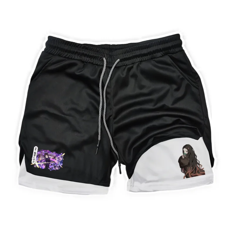 

Summer New Men Sport Quick Dry Fitness Gym Shorts Demon Slayer Pattern Print 2 In 1 Casual Workout Running Training Pants