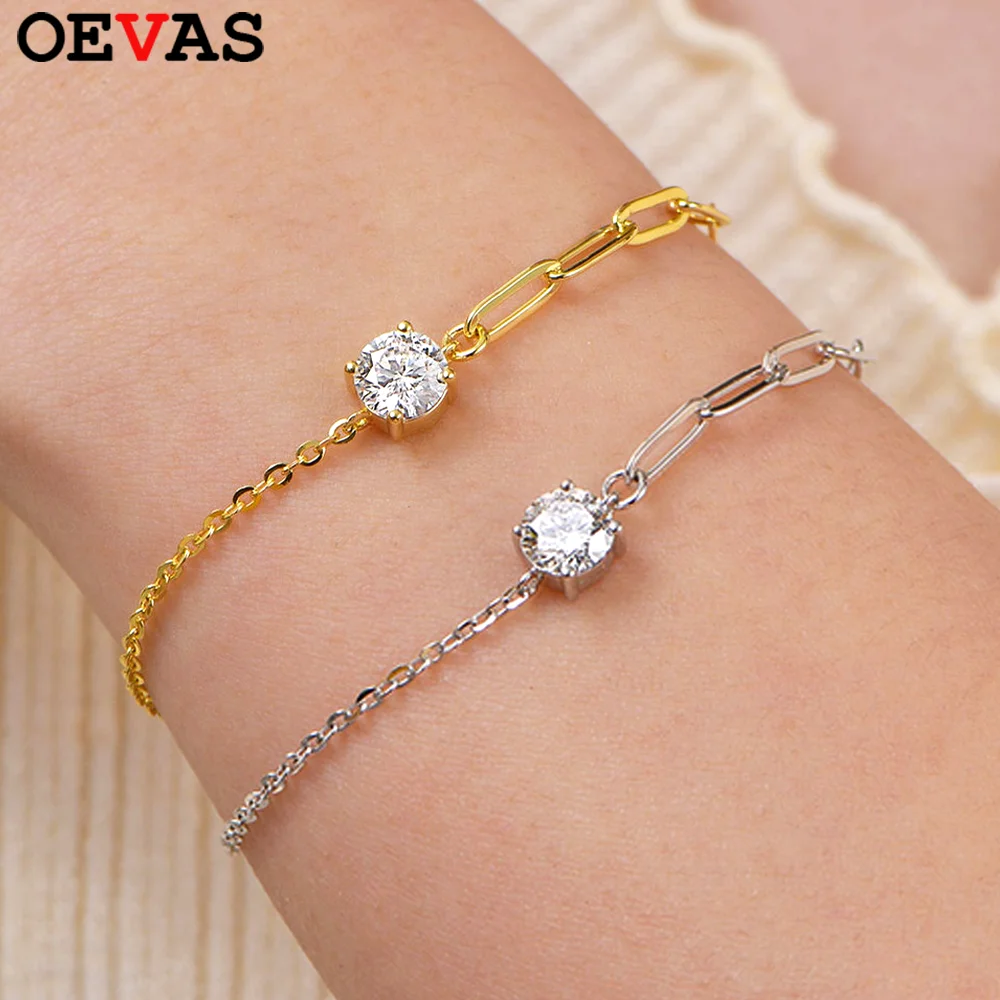 OEVAS Certified 1CT Round Moissanite Solitaire Bracelet S925 Silver Plated 18K Gold D VVS Lab Diamond WristChain Jewelry Gift