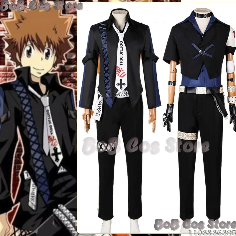 Katekyo Sawada Hitman Tsunayoshi Renascer! Anime Cosplay Costume Prop Peruca para Homens, Festa de Halloween, Hobby Outfi, Uniforme Preto, Conjunto de roupas