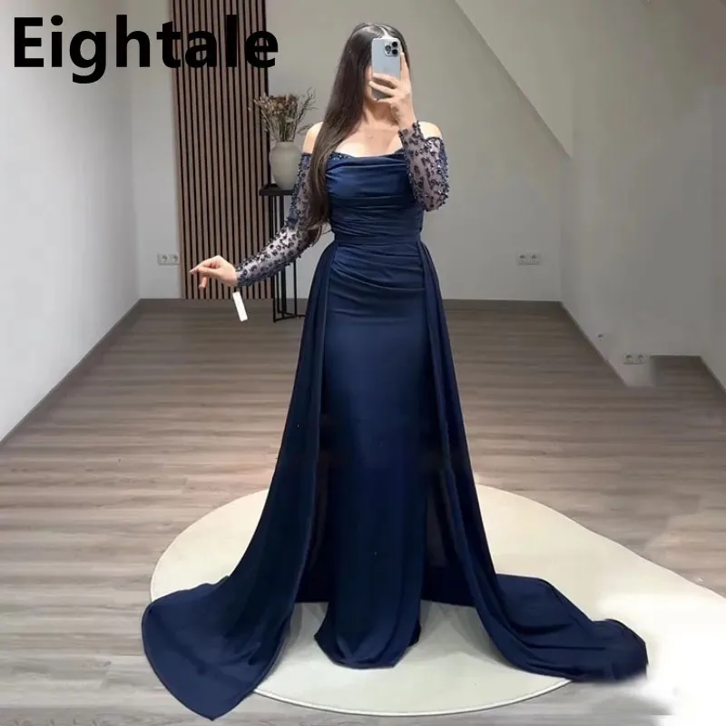 

Eightale 2024 Mermaid Navy Blue Off Shoudler Long Sleeve Evening Dress For Wedding Party Formal Prom Dress Dubai Party Gown