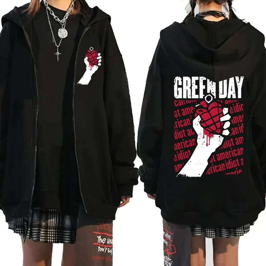 

2025 New Green Day Band Rock Zipper Coat Men women vintage punk Double Sided print streetwear Hoodie Unisex Casual Fleece Jacket