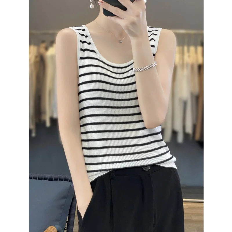 Canotta estiva in seta di ghiaccio ort Svel Capispalla da donna Previene l'esposizione U-Ne Slim Fit Design a righe Pendolari Sle