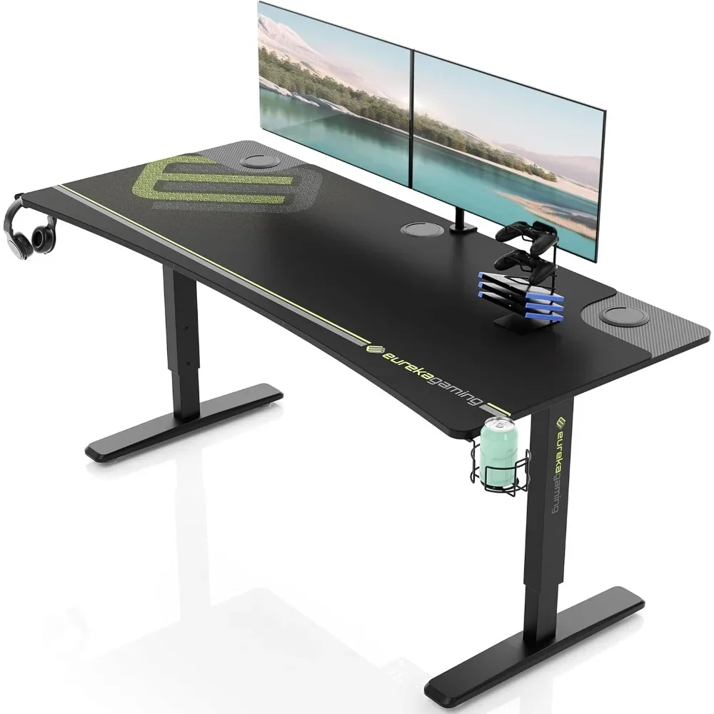 

Computer Desk Large Manual Height Adjustable Gaming Desk, Home Office Studio Table Dual 3 Monitor Curved Edge Desk Mouse Pad