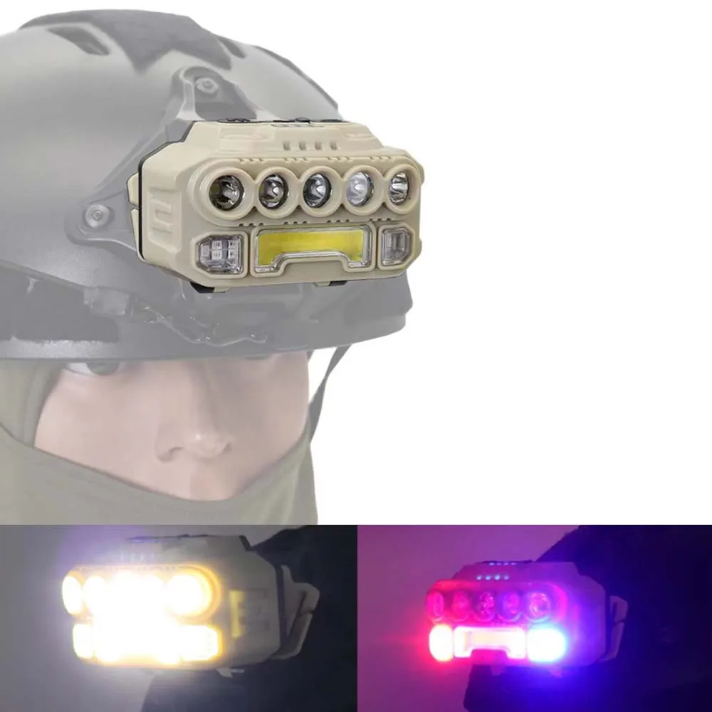 Tactical Helmet Light Red Signal Light Sensor Headlamp USB Charging Headlight For Outdoor Camping Fishing