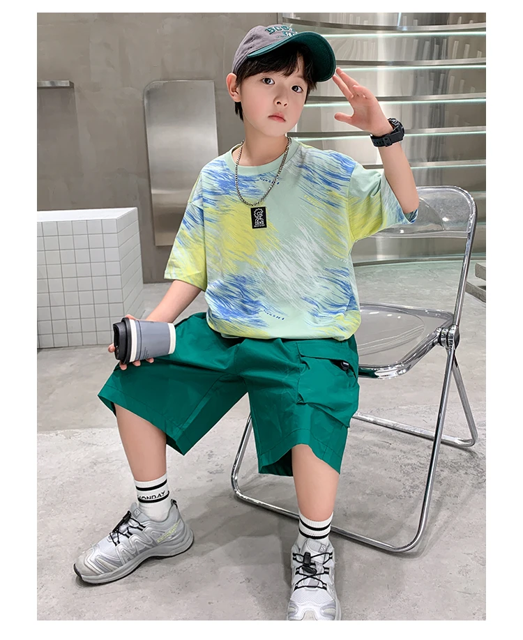 2-teiliges Set für Jungen im Alter von 5-14 Jahren, Teenager-Kinderbekleidung, neuer Sommeranzug für Kinder, Kurzarm-T-Shirt + Shorts, lässiges Street-Outfit. – Detail 9