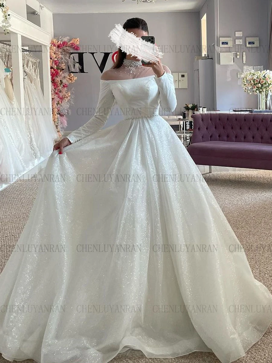 

Glitter A-Line Wedding Dresses Beading Pearls Luxury Long Bride Dresses High Quality Sexy Dress For Women 2023 Robe De Mariée