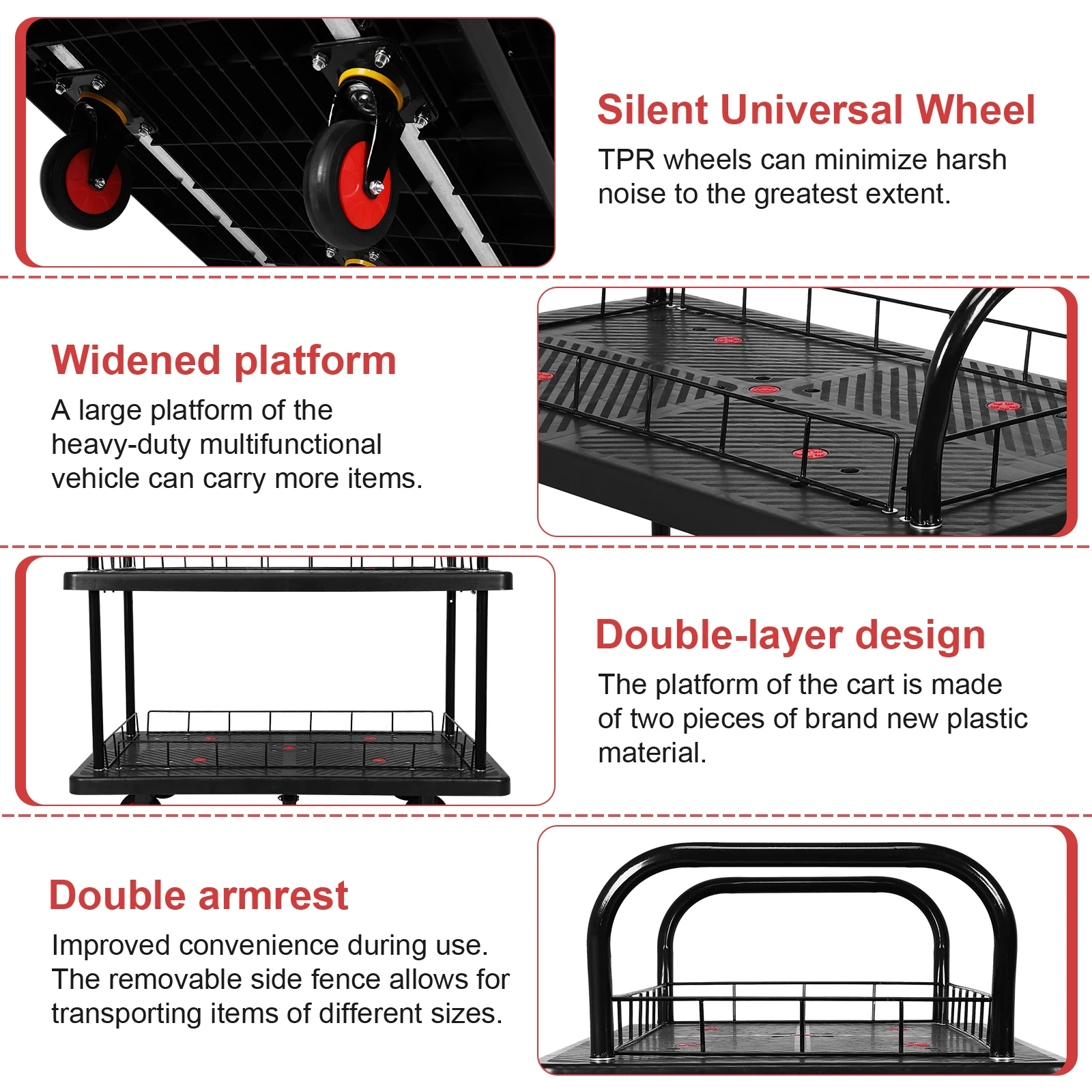 รถเข็นอเนกประสงค์แบบมีล้อ 2 ชั้น สำหรับงานหนัก เหมาะสำหรับคลังสินค้า/โรงรถ/ทำความสะอาด/การผลิต