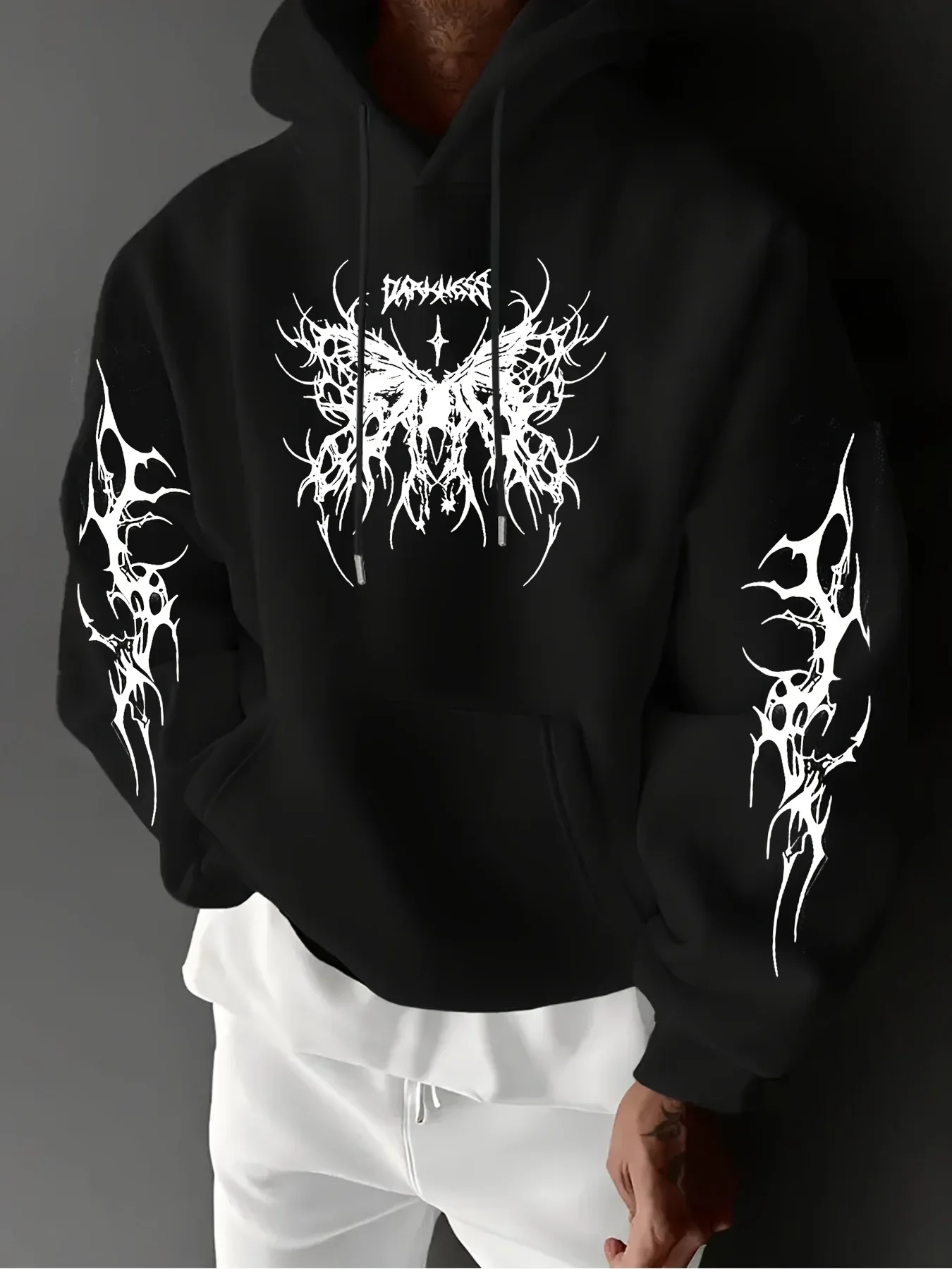 Punk Dark Street Men Hoodie Front Chest & Both Sleeves Gothic Print Y2K Edgy Trendy Loose Oversized Autumn Winter Fleece Lined - view 2
