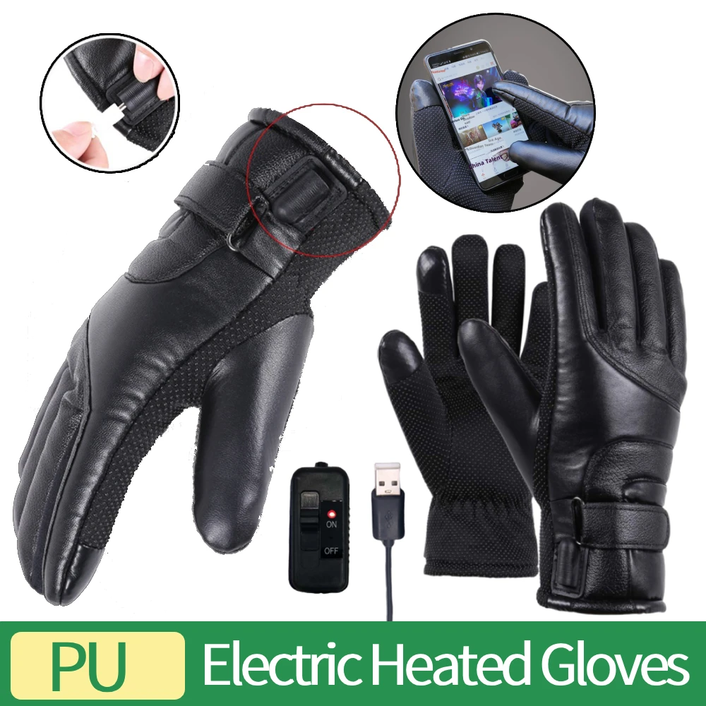

Touchscreen Hand Warmer Windproof Soft PU Leather Heating Gloves USB Thicken Cycling Glove for Outdoor Riding Camping Hiking