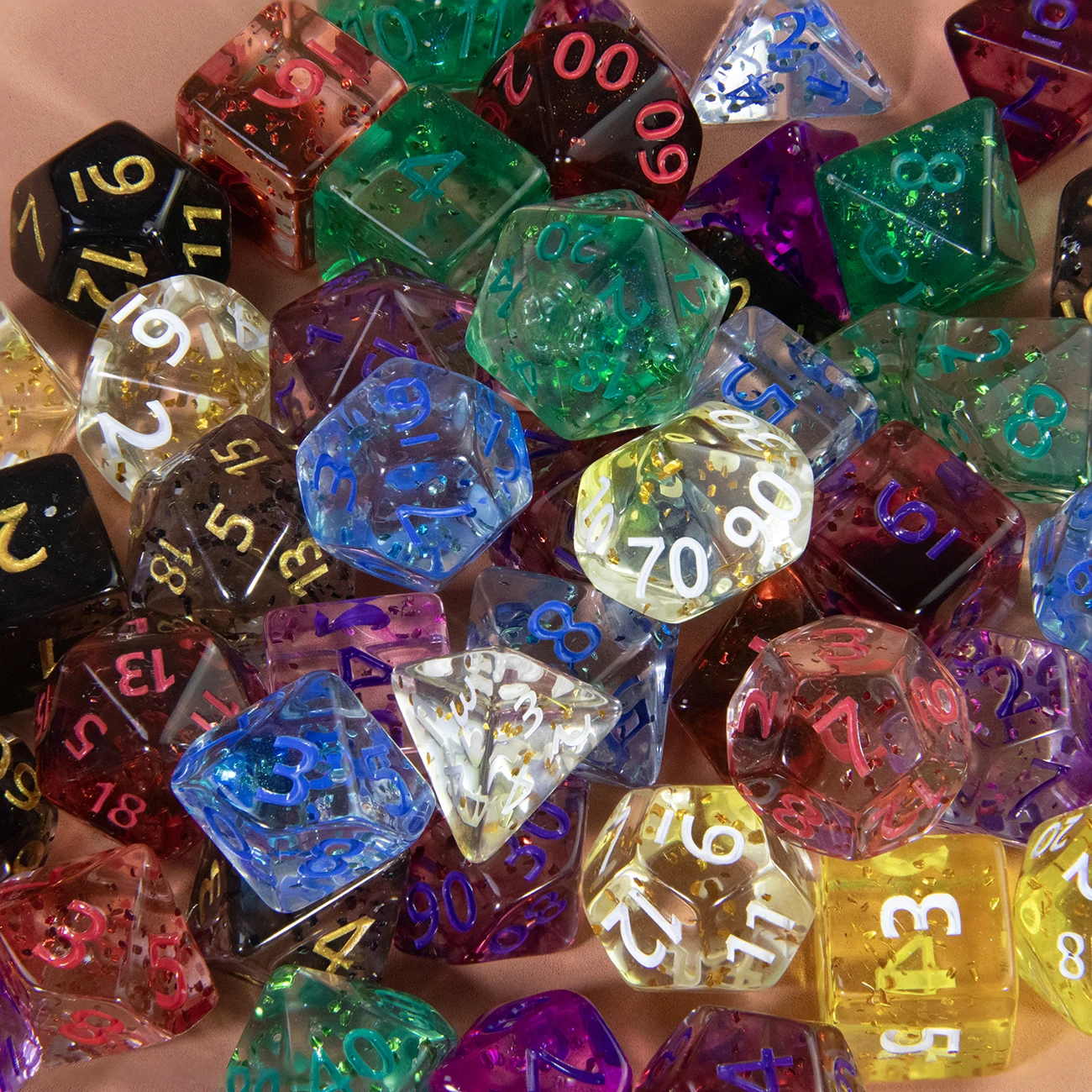 Juego de dados poliédricos transparentes, dados D & D con efecto de purpurina para juegos de mesa, D4, D6, D8, D10, D00, D12, D20