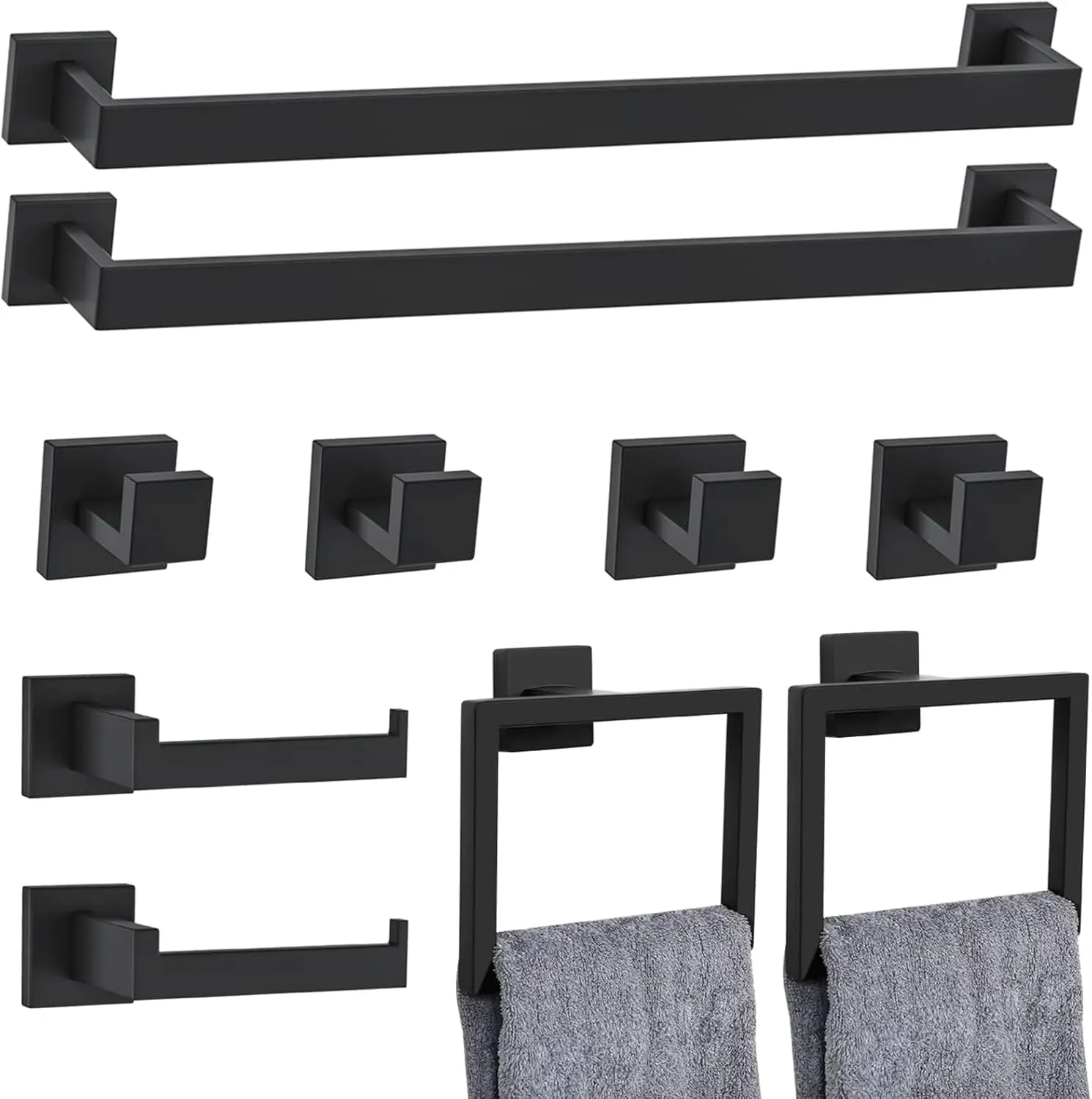 

10-Piece Matte Black Bathroom Hardware Set with Towel Bar, Ring, Holder & Hooks - Stainless Steel Wall Mounted