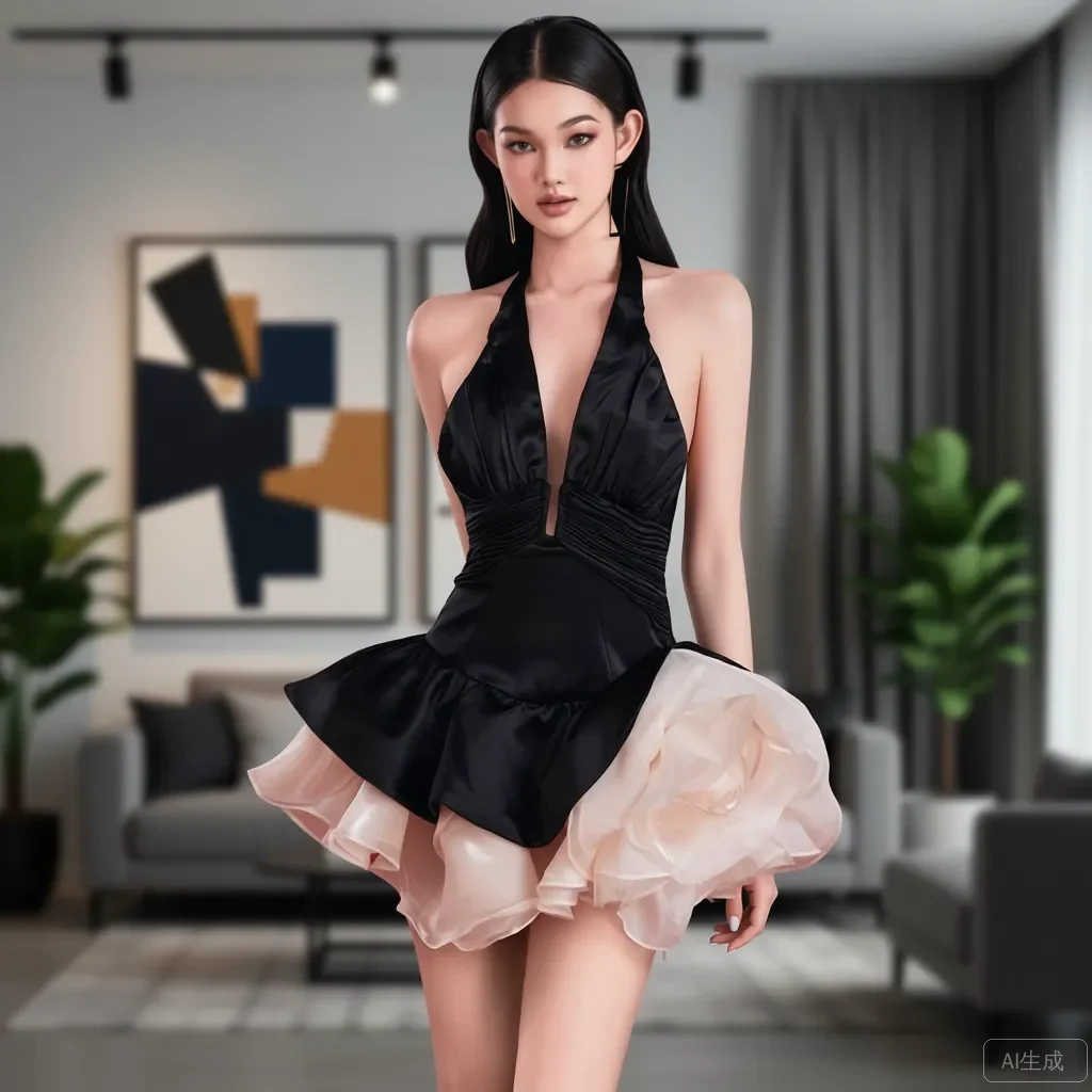 

Black Cream Asymmetrical Mini Dress with 3D Floral Detail Luxury Evening Party Bodycon Chiffon V‑Neck Tassel Eco‑Friendly