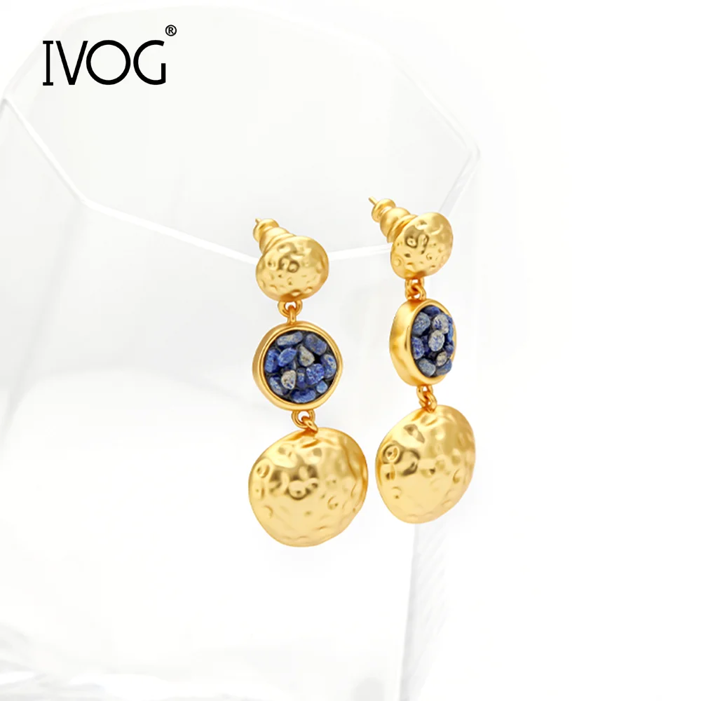 IVOG Inlaid With Natural Semi Precious Stones Hammer Pattern Brass Long Pendant Earrings Women Perforated Jewelry Party Gift
