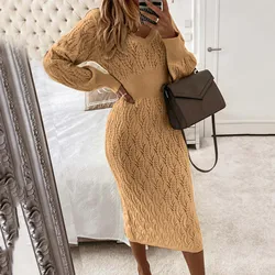 Knitted Hip Length Dress Elegant And Pretty Women Autumn Winter Warm Long Sleeved Weave Long Dresses Korean Fashion Slim Dress