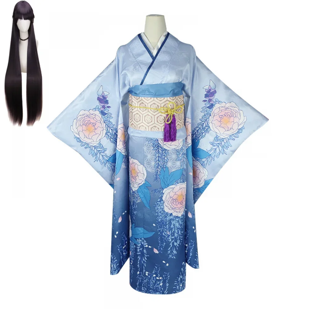 Anime My Happy Marriage Cosplay Costumes Saimori Miyo Cosplay Costume Blue Printed Kimono Dress Halloween Party Outfits Headgear