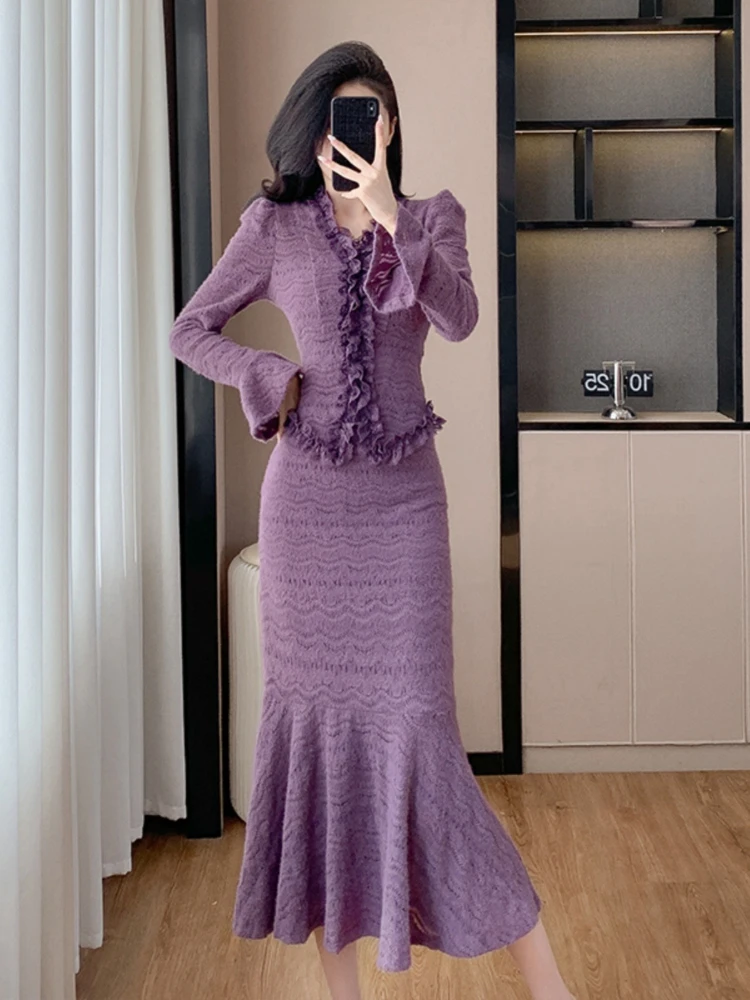

Korean Style Autumn Ruffle V-neck Sexy Flare Sleeve Fashion Top+Fish Tail Skirt Elegant Lace Fashion Women Two Piece Set