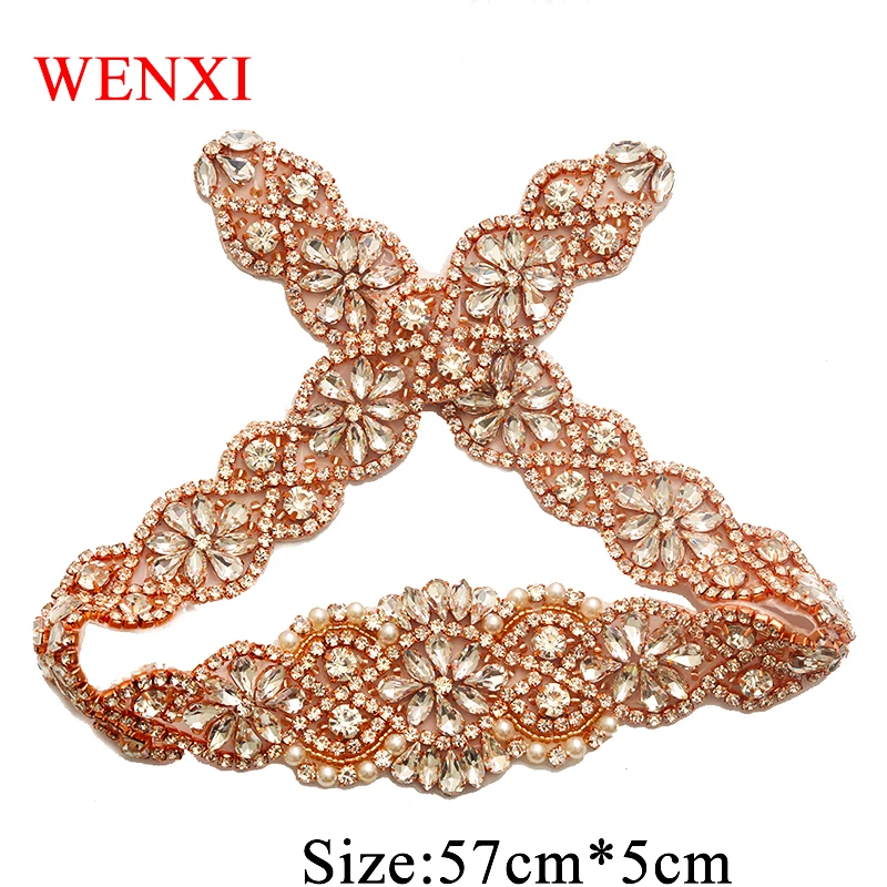 

WENXI 30pcs Wholesale Bridal Gown Sash Rose Gold Crystal Rhinestones Appliques For Dress Sash Accessory WX834