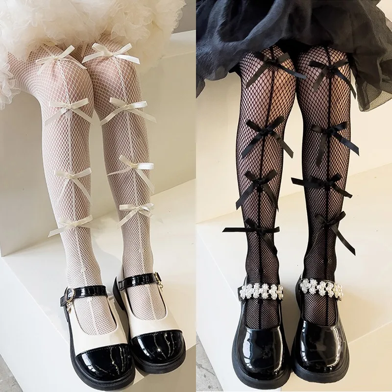 Children Baby Cute Bows Black White Mesh Tights for Kids Girl Sweet Princess Bowknot Pantyhose Fishnet Lolita Stocking Socks