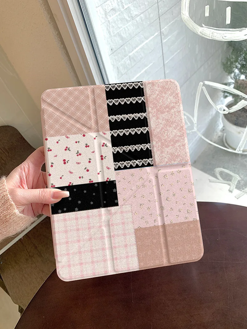 Pink Flower Grid Pattern Splicing Piano Keys For iPad Pro Air M5 M4 M3 M2 2 1 11th A16 12.9